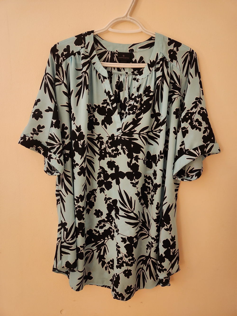 Worthington Aqua Black Floral Blouse XXL Short Sleeve Split Neck Top